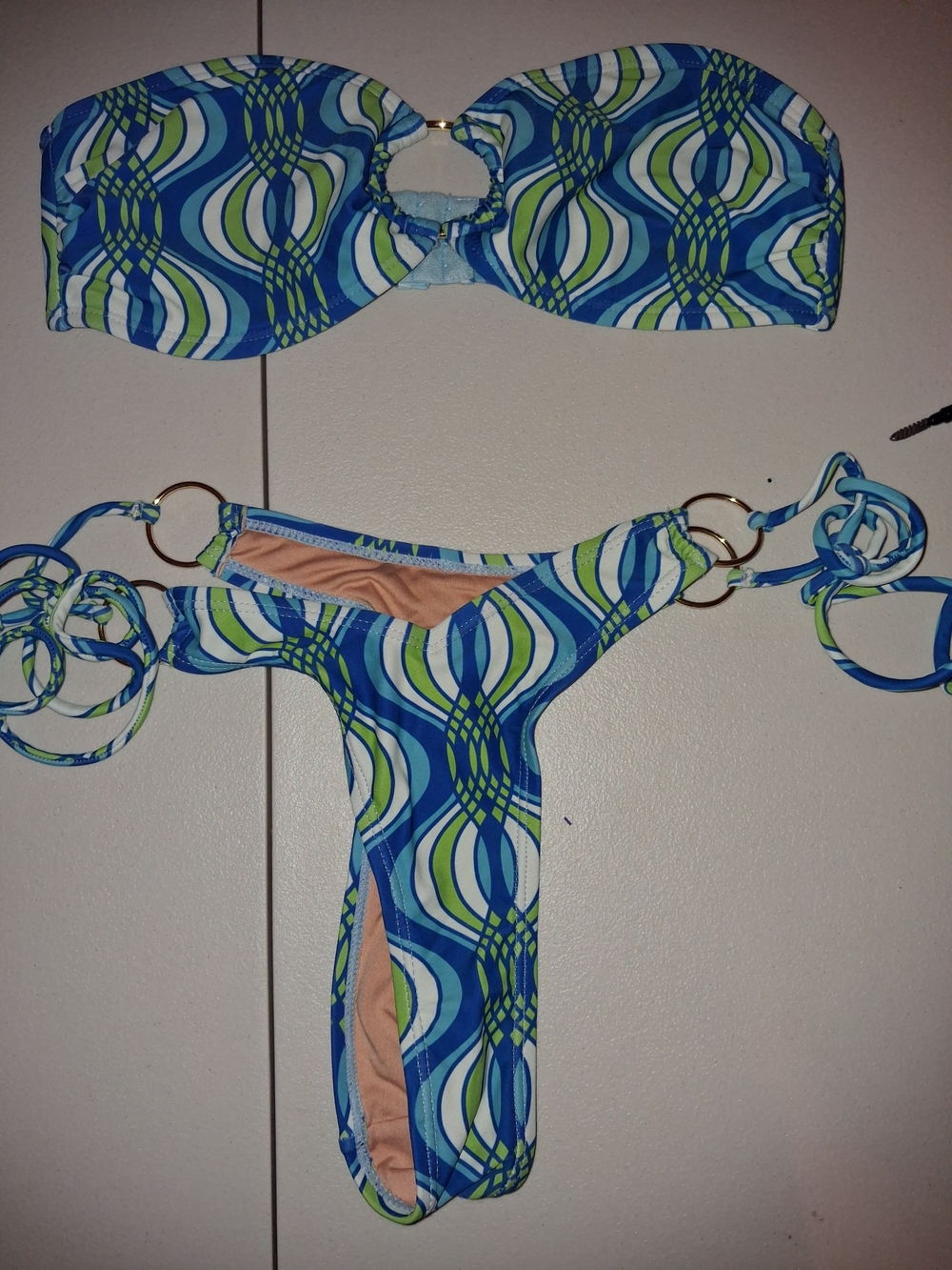 Blue Green Geometric Ring-Detail Bandeau Bikini Set